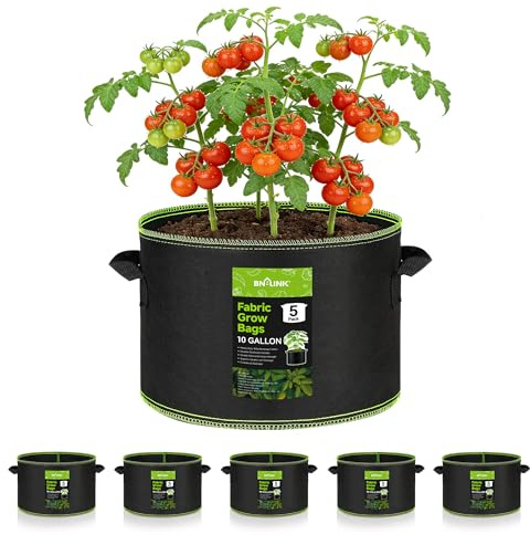 BN-LINK 5-Pack 10 Gallon Grow Bags, Heavy Duty Aeration Fabric Pots with Handles, Thickened Nonwoven Plant Bags for Vegetables, Flowers, Fruits