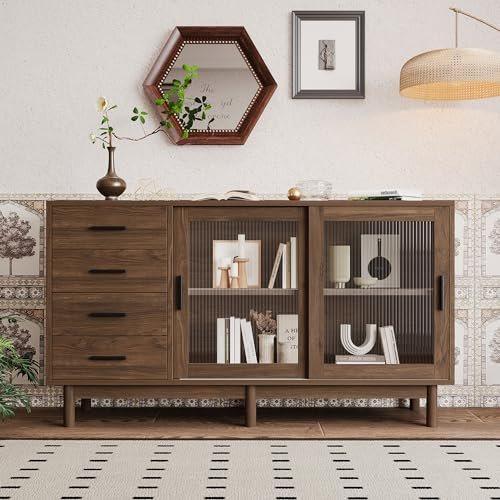 Stilvolles Sideboard aus nussbaumfarbener Spanplatte mit Glasvitrine - 4 Glastüren mit vertikalen Streifen, Wohnzimmer Sideboard, Wohnzimmerunterschrank, Eckschrank, Glasvitrine (140x40x75.8cm)