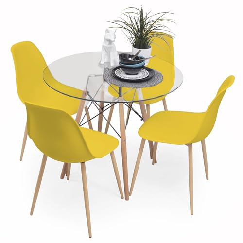 Homely – Conjunto de Comedor Tower Cairo Nordic 100 | Mesa + 4 sillas | Diseño Moderno | Comedor, Salón, Cocina, Sala | Mesa Redonda de Cristal de 100 cm | 4 sillas Color Amarillo