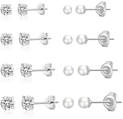Winzige Ohrstecker aus Sterlingsilber, hypoallergene Ohrringe für Damen, Herrenohrstecker mit Zirkonia, Ohrstecker-Sets für mehrere Piercings, kleine Perlenohrstecker für Damen