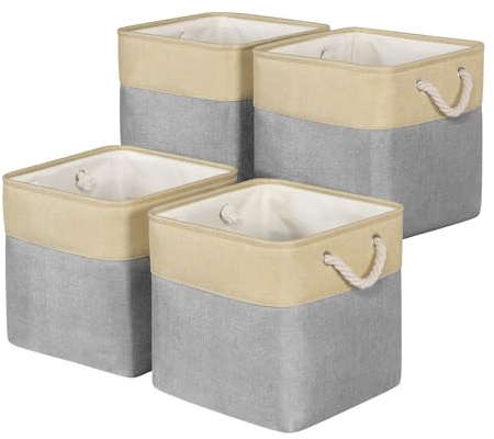 Univivi Cube Storage Boxes 12in Fabric Storage Baskets Grey, Set of 4 | Foldable Canvas Storage Box with Cotton Rope Handles for Shelves, Storage Basket for Kallax Unit for Organizing Clothes