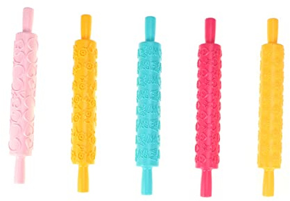 Amosfun Mattarello e Rullo Per Impasto in Plastica Alimentare Motivo Goffrato, Set Da 5 Pezzi Per Decorazioni Torte e Pasta Di Zucchero, Strumenti Per Cucina Fai Da Te Per Dolci e Pasticceria
