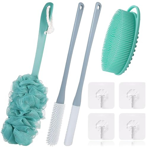 ZOCONE Back Scrubber Shower Sponge Brush Set, Includes 1 Shower Loofah Brush 2 Toe Gap Cleaning 1 Silicone Body Scrubber 4 Hooks, Green Long Handle Bath Brush for Deep Cleaning