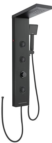 ROVOGO Tout Noir LED Colonne Panneau de Douche Hydromassante sans Robinetterie, 4 Modes - Douche de Pluie, 2 Types Jets de Massage, Douchette et Bec de Baignoire Cascade, Acier Inox, Montage Mural