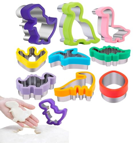 9 Piezas Cortadores de Galletas para Niños, Moldes Dinosaurio en Acero Inoxidable con Mango Cómodo, Formas Geométricas Variadas para Pasteles, Fondant y Sándwiches