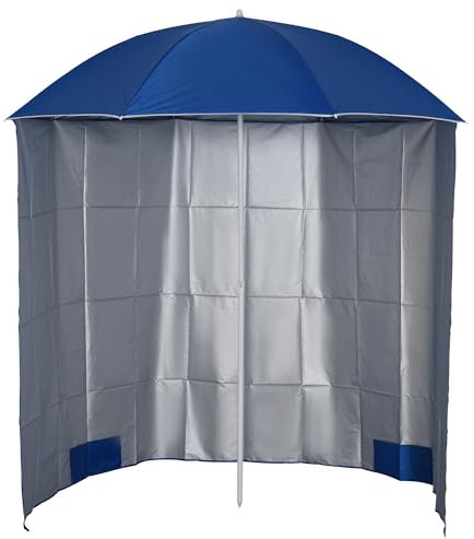 Outsunny Ombrellone da Spiaggia Ø2.2x2.2 m con Tendina Laterale, Sacchi per Sabbia e Picchetti, Ombrellone da Mare con 8 Stecche e Design a 2 Sezioni in Metallo e Poliestere, Blu