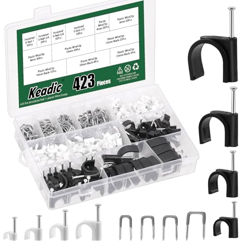 Keadic 423Pcs Cable Clips with Nail & Insulated U Staple Nail, Nail Cable Clips 4 Sizes Metal Cable Staples J-Hook Ethernet Cable Nails Black White Cable Tacks for Electrical Wire