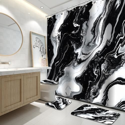 Lnond 4Pcs Marble Bathroom Sets with Shower Curtain and Rugs, Black Marble Modern Art Bathroom Shower Curtain Sets with Rugs and Accessories