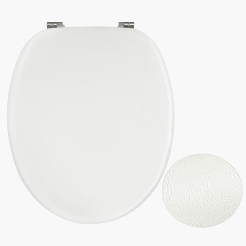 Fanmitrk White Wooden Toilet Seat - Adjustable Zinc Alloy Hinges - Made of MDF with PVC Leather-Look Material - Easy to Install for Bathroom Bottom Fixture 43.3 x 36.8 x 5.5 cm(JH1841-02)