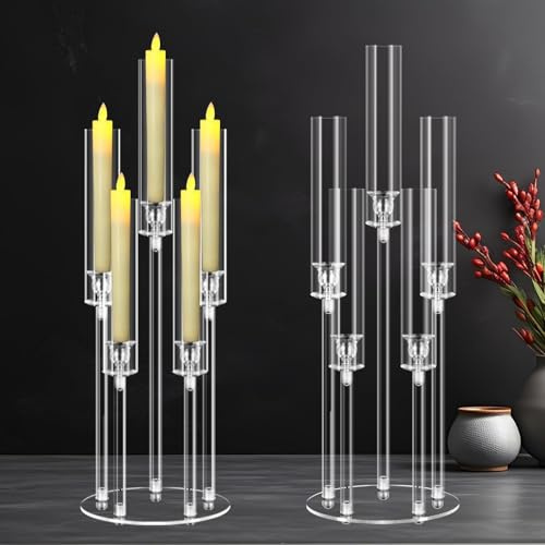 Candélabre en Acrylique à 5 Bras pour Centre de Table, bougeoir Transparent bougeoirs de 68 cm de Haut avec Abat-Jour, Compatible avec Bougies LED(2pcs)