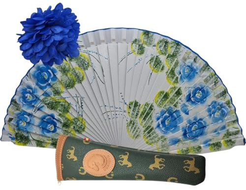 Planta Color Abanico de Madera con Flores Pintadas a Mano. Incluye una Funda para Proteger el Abanico. Pinza de Pelo con Diseño de Flor para Complementar tu estilo