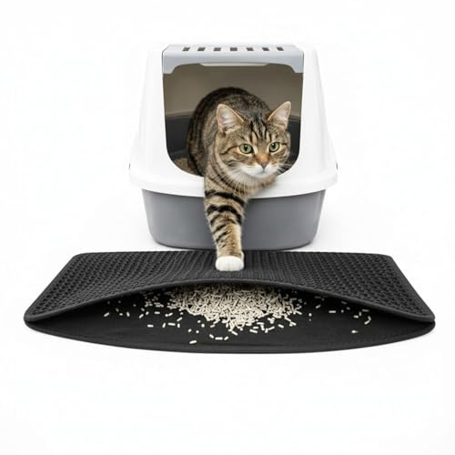 Waggle Wonders Cat Litter Mat – Litter Trapping Mat for Cats, Large Litter Tray Mat, Double Layer Honeycomb Design, Waterproof, Non-Slip, Washable, Easy Clean, Soft on Paws (Black, 90 x 60 cm)