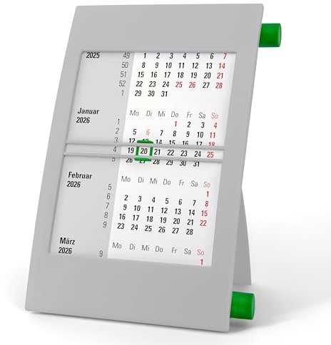 3-Monatskalender Tisch 2026 2027 - Büro & Homeoffice Tischkalender mit Drehmechanik - 2-Jahres-Kalender - grau/grün - Truento