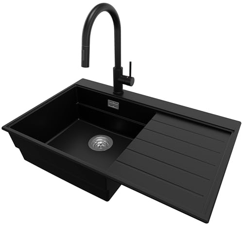 PRIMAGRAN Lavandino da Cucina al Mobile 50cm + Rubinetto, 78x50cm | Set: Rubinetto BW9010 + Kit di scarico + Lavello in Granito a 1 Vasca - Sydney Ergo, Nero