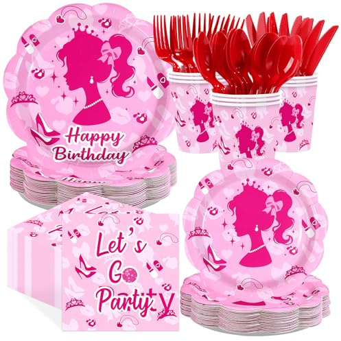 Greencian 168Pcs Pink Girl Party Supplies Hot Pink Birthday Plates and Napkins Pink Princess Decorations Tableware Set for Girl Doll Theme Party Supplies，Serves 24