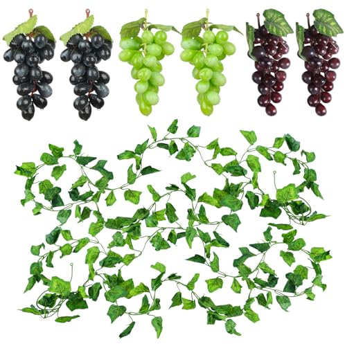 SAMANTHAHALLLTD 7 stycken konstgjorda vindruvor, dekoration med vinranka, växtblad, 3 färger, simulering, konstgjorda plastdruvor, verklighetstrogen druvadekoration, för fruktställare, fruktträdgård