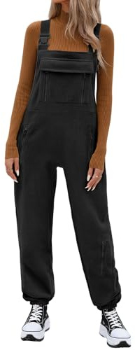 CMTOP Latzhose Damen Winter Fleece Jumpsuit Kuschelig Lässig Overall Locker Arbeitshose Autumn Ärmellose Playsuit Verstellbare Riemen Baggy Hose mit Taschen (Schwarz, L)