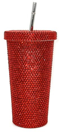 Luxury Rhinestone Drinking Tumbler with Metal Straw, Large 750ml Stainless Steel Cup, Crystal Glitter Design, Multiple Colours (Red)
