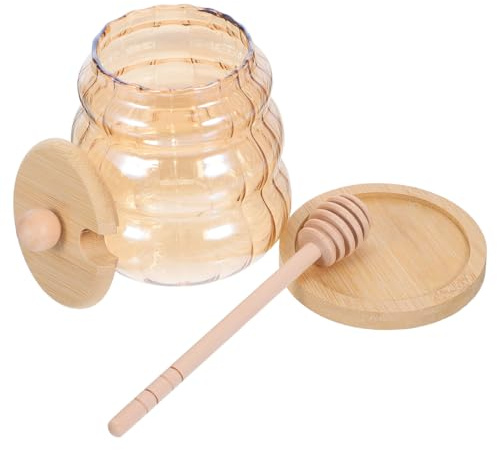 LALADEFIEE Frasco de Vidrio para Miel con Tapa Hermética y Palitos Mezcladores de Dispensador Transparente para Miel Mermeladas y Condimentos Recipiente para Cocina y Hogar