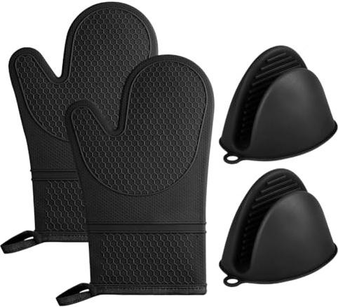 Oven Mitts, 2 Pairs Anti-Slip Silicone Oven Gloves,Heat Resistant Gloves,Withstand 500℉, Black Double Oven Gloves for Kitchen Cooking,Dessert Making,BBQ
