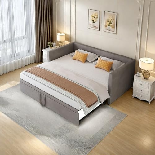 HNOUER Polsterbett Schlafsofa 90/180x200 cm mit Gästebett,Ausziehbett Tagesbett,Bettgestell 90x200 cm mit Lattenrost,Doppelbett, Schlafcouch,Samt,Grau,ohne Matratze