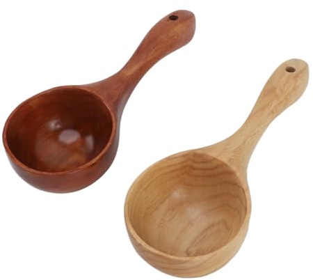Lot de 2 louches à soupe en bois, cuillères en bois pour bocaux, cuillère à sel de bain, louche de service avec trou de suspension, long manche, polyvalente pour servir de la