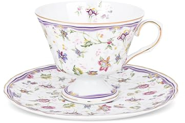 fanquare Vintage Purple Flowers Cup and Saucer Set, Porcelain Coffee Cups | 170ml British Ceramic Floral Teacup for Women Wedding Party Gifts