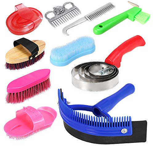 RASTKY 10-IN-1 Horse Grooming Kit Lightweight Mane Tail Comb Sweat Scraper Hoof Pick with Brush for Convenient Grooming, Suitable for Horse Lovers, Random Color Shipment