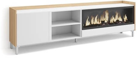 Skraut Home | TV-Schrank, Lowboard | für Wohnzimmer und Esszimmer | 212x61x35 cm | Für TV-Geräte bis zu 80 | Elektrokamin XXL | Industriedesign | Moderner Stil | Weiß und Eiche Soft