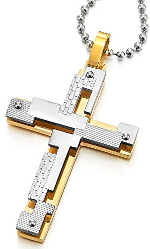 COOLSTEELANDBEYOND Herren-Kette Silber Gold Kreuz Anhänger aus Edelstahl Schachbrettmuster mit 75cm Stahl Kugelkette