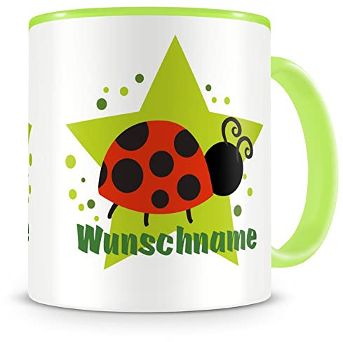 Samunshi® Kindertasse mit Namen Tasse Lustiger Marienkäfer Personalisierte Tasse mit Namen Kinder Kinderbecher personalisierter Text Namentasse Kindergarten grün 300ml