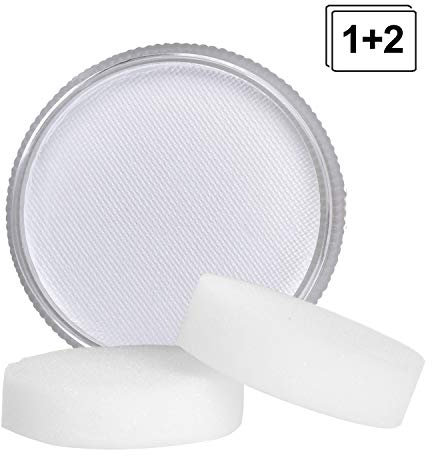 Lynlon Juego de maquillaje infantil, maquillaje teatral, maquillaje de carnaval, 1 pintura de maquillaje profesional Aqua con 2 esponjas de maquillaje para payasos profesionales y mimes (blanco, 30 g,