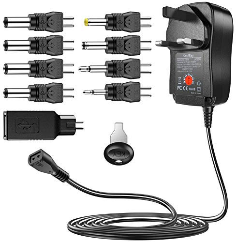 SoulBay 30W Reverse Polarity Universal AC Adapter Multi Voltage DC Power Supply, with 9pcs Adaptor Tips, Compatible with 3V to 12V Household Electronics, 2Amp Output