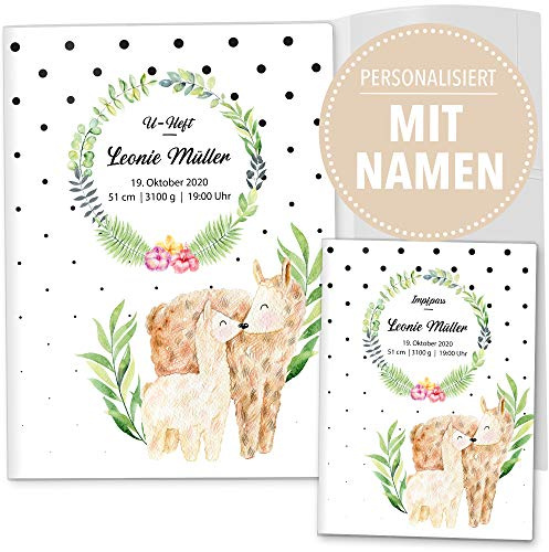 OLGS U-Heft und Impfpasshülle Set 3-teilig | Mommy Love Dots | Hüllen für Baby Untersuchungsheft & Impfpass | Geschenkidee mit Namen, Geburtsdatum (Uhefthülle, Impfpasshülle personalisiert, Alpaka)