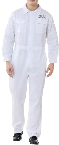 TOPTIE Custom Coverall Herren Action Back Overall 241.0 g Front-Reißverschluss Langarm Twill-Uniform Normale Größe, weiß, XL
