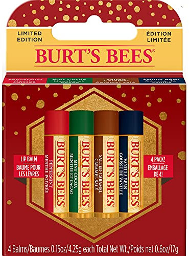 Burt's Bees Seasonal Lip Balm Holiday 4 Pack - Mint Cocoa, Peppermint, Vanilla and Salted Caramel, Clear