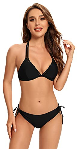 SHEKINI Damen Bikini Set V-Ausschnitt Neckholder Bikinioberteil Rückenfrei Zweiteiliger Badeanzug Triangel Bikinihose