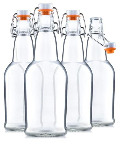 Bellemain Swing Top Glass Water Bottles – Reusable Clear Glass for Juice, Oil, Kombucha, liquor, Beer or Kefir – Airtight Flip Top Bottles for Kitchen & Brewing – Set of 4 (16oz)