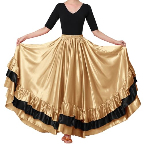 Backgarden Falda Larga de satén para Mujer, Color Negro y Rojo, para Danza del Vientre, Flamenco español, Danza del Vientre, Ballet, actuación folclórica, Tema Dorado Oscuro, Talla única