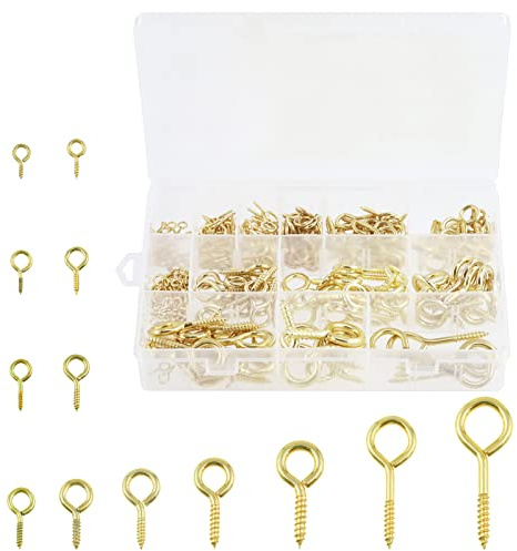WOKAPE 300 Stück 13 Größen Schraubösen Metall Ösenhaken Sortiment Kit Messing plattierte Stahl Augenschrauben Schraubhaken Schrauben Befestigungen Hardware Werkzeuge