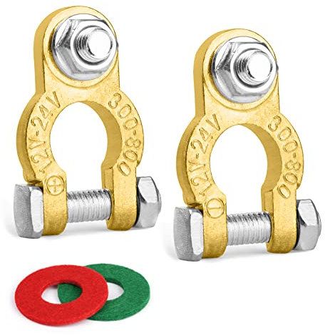 URAQT Terminali di Batteria, Terminali Morsetti di Batteria 12V 24V, Connettori di Batteria Positivo e Negativo M8 in Ottone con Pad Anticorrosione, Morsetto Batteria per Auto, Moto, Camion, Barca