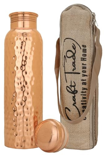 Craft Trade Pure Copper Bottle with Lid and Carry Bag for Drinking Water BPA Free Leak Proof Boosts Immunity, Supports Digestive & Liver Health, Ayurveda Inspired 34oz - 1 Litre Natural