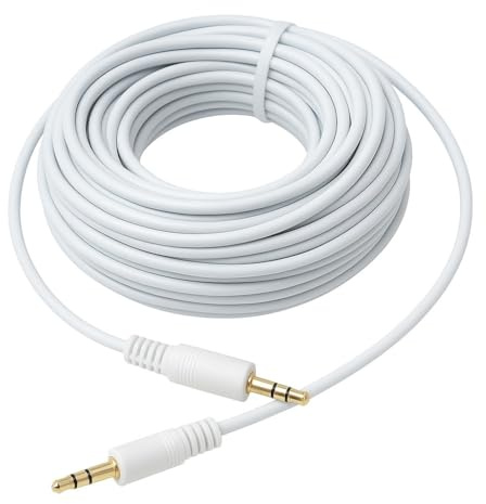 DRUT Stereo Audio AUX Cable, 10m, 3.5mm to 3.5mm, Gold Connectors, White | Small 3 pin Jack to Jack Speaker Lead 33ft