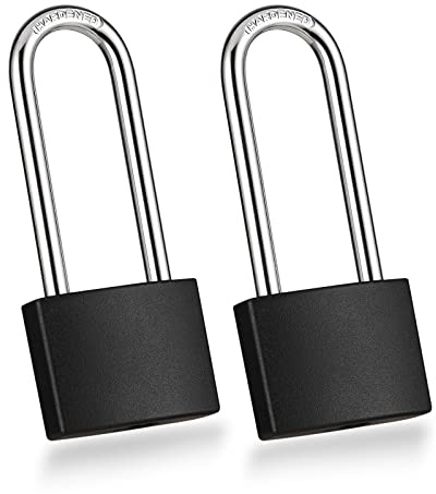 Guliffen 2 Pack Covered Aluminum Padlocks with Key, Black Locker Lock with Long Shackle for Gates, Fences, Toolboxes,