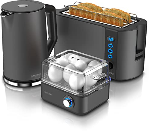 Arendo - Wasserkocher mit Toaster SET und Eierkocher, Edelstahl Cool Grey, Wasserkocher 1,5L 40° - 100°C, Toaster 4 Scheiben LED-Display 6 Bräunungsgrade Eierkocher 1-8 Eier Messbecher