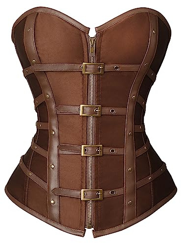 Charmian Women's Steampunk Gothic Satin Zipper Overbust Corset Top with Buckles Brown Small