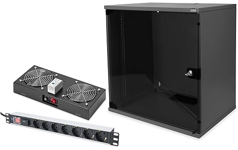DIGITUS Set: Armario de Red de 19 12U + Ventilador de Techo + regleta de 7 Puertos // Rack de 19 - Sin Montar - Montaje en Pared - Capacidad de Carga 60 kg - Profundidad útil 170-270 mm - Negro