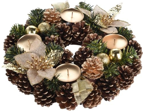 Adventskranz mit Zapfen, goldenen Kugeln und Stoff Blüten - Weihnachtsdekoration, Adventsgesteck, Deko Advent Weihnachten
