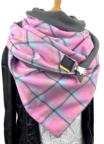 Tuecherfee XXL Dreiecksschal Damen – Wendeschal Fleece Karo Grau Rosa Blau