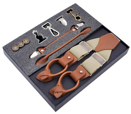 MIBSH Bretelle Suspender Bretelle in Pelle Vintage da Uomo Clip Pulsante Gancio Bretelle Pantaloni Elastici Regolabili Bretelle Cinghie Beige